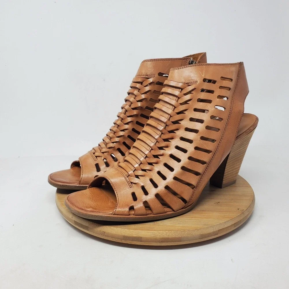 Paul Green Rosa Ankle Booties Womens 10.5 Brown Leather Woven Open Back Shoes‎